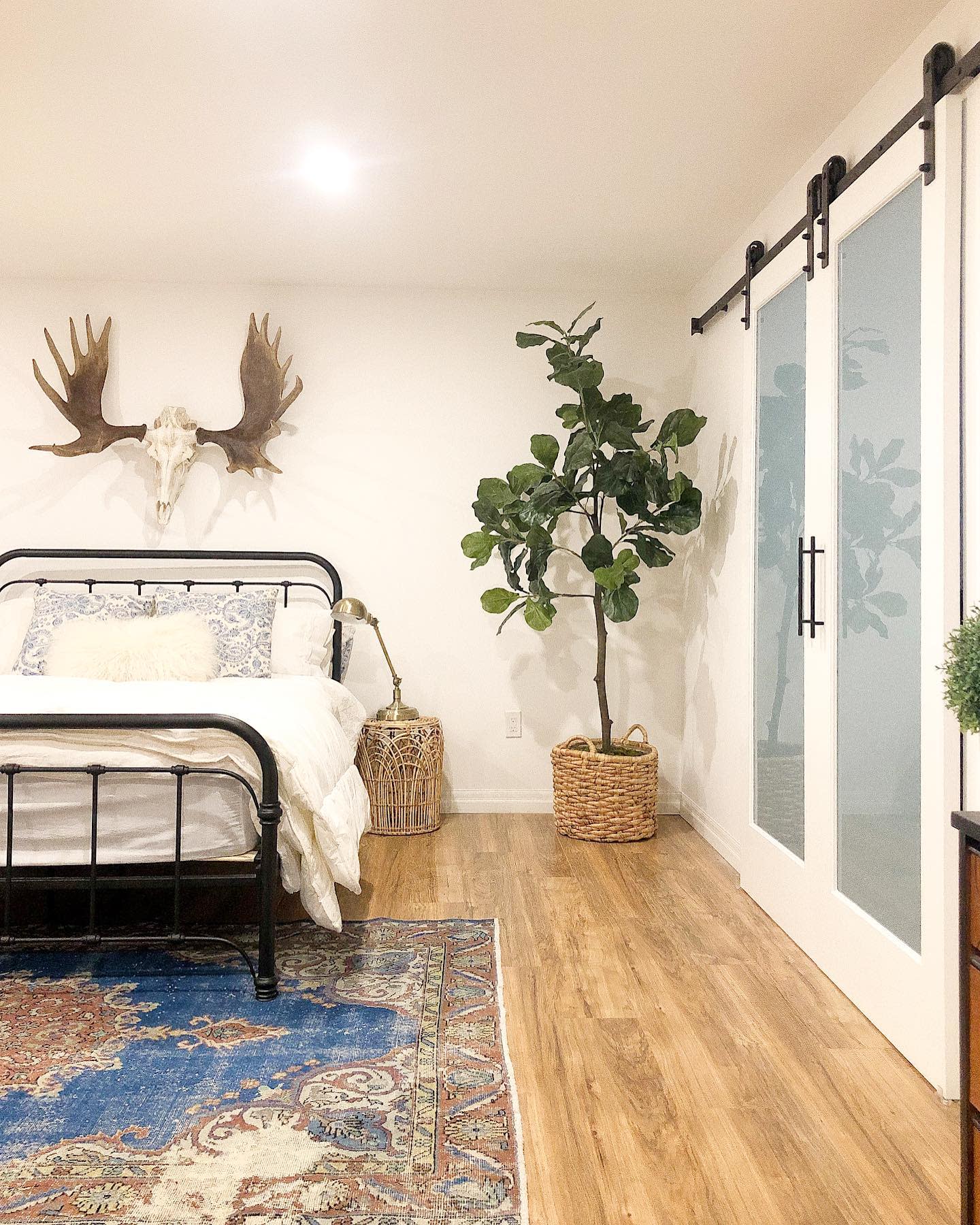 bedroom with plant and wall art
